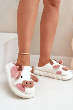 Futrzane Kapcie Krowy Damskie Różowe Remiola