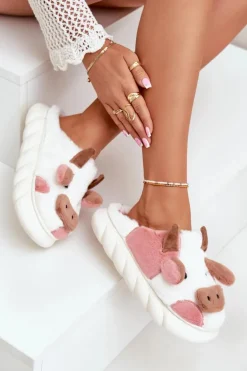 Futrzane Kapcie Krowy Damskie Różowe Remiola