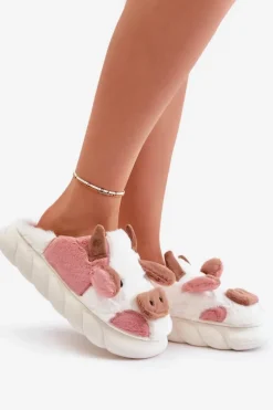 Futrzane Kapcie Krowy Damskie Różowe Remiola