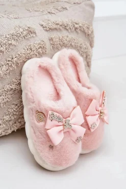 Futrzane Kapcie Z Kokardką I Przypinkami Różowe Annalira