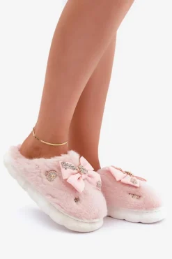 Futrzane Kapcie Z Kokardką I Przypinkami Różowe Annalira