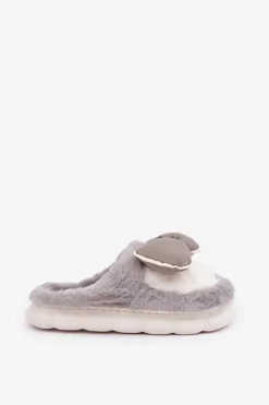Futrzane Kapcie Z Kokardką Szare Grilis