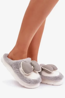 Futrzane Kapcie Z Kokardką Szare Grilis