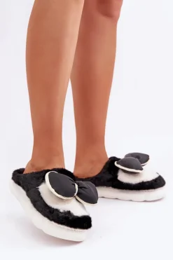 Futrzane Kapcie Z Kokardką Czarne Grilis
