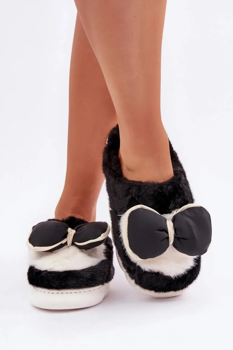 Futrzane Kapcie Z Kokardką Czarne Grilis