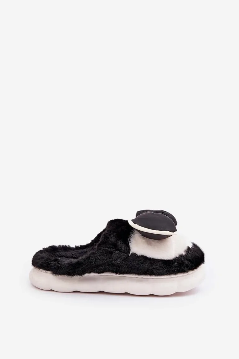 Futrzane Kapcie Z Kokardką Czarne Grilis