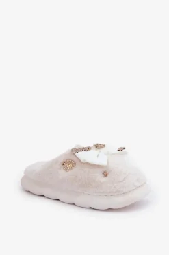 Futrzane Kapcie Z Kokardką I Przypinkami Białe Annalira