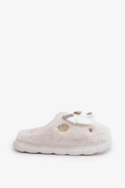 Futrzane Kapcie Z Kokardką I Przypinkami Białe Annalira