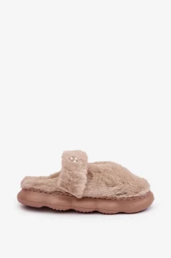 Futrzane Kapcie Z Małą Broszką Ciemnobeżowe Primaria