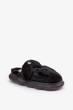 Futrzane Kapcie Z Małą Broszką Czarne Primaria