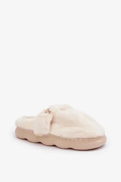 Futrzane Kapcie Z Małą Broszką Jasnobeżowe Primaria