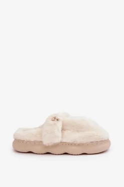 Futrzane Kapcie Z Małą Broszką Jasnobeżowe Primaria