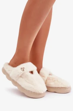 Futrzane Kapcie Z Małą Broszką Jasnobeżowe Primaria