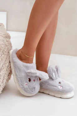 Futrzane Kapcie Z Motywem Króliczka Jasnoszare Natasha