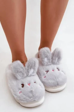 Futrzane Kapcie Z Motywem Króliczka Jasnoszare Natasha