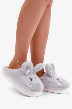 Futrzane Kapcie Z Motywem Króliczka Jasnoszare Natasha