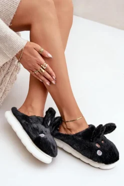 Futrzane Kapcie Z Motywem Króliczka Czarne Natasha