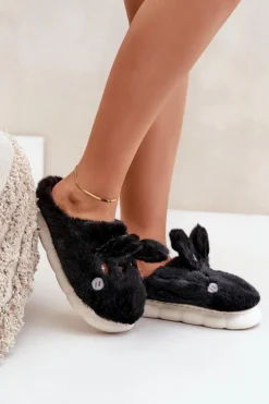 Futrzane Kapcie Z Motywem Króliczka Czarne Natasha