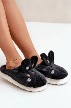 Futrzane Kapcie Z Motywem Króliczka Czarne Natasha