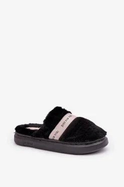 Futrzane Kapcie Z Ozdobnym Paskiem Czarne Savalithea