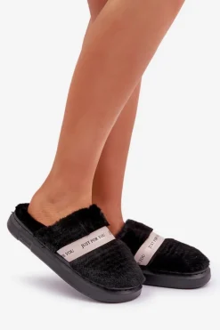 Futrzane Kapcie Z Ozdobnym Paskiem Czarne Savalithea