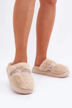 Futrzane Kapcie Z Ozdobnym Paskiem Beżowe Savalithea