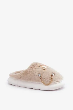 Futrzane Kapcie Z Przypinkami Beżowe Ivelfedi