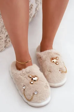 Futrzane Kapcie Z Przypinkami Beżowe Ivelfedi