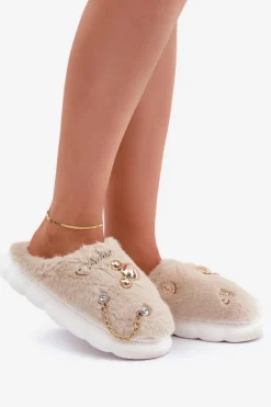 Futrzane Kapcie Z Przypinkami Beżowe Ivelfedi
