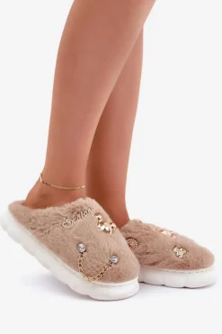 Futrzane Kapcie Z Przypinkami Ciemnobeżowe Ivelfedi