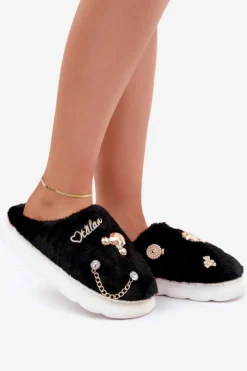 Futrzane Kapcie Z Przypinkami Czarne Ivelfedi