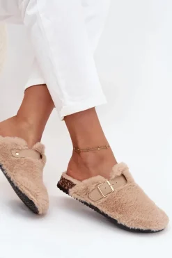 Futrzane Klapki Damskie Na Platformie Z Paskiem I Klamrą Beżowe Noraline