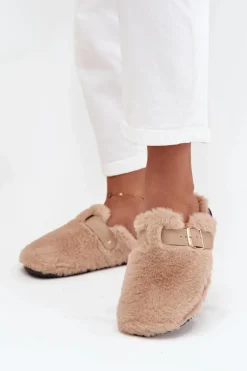 Futrzane Klapki Damskie Na Platformie Z Paskiem I Klamrą Beżowe Noraline