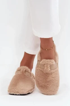 Futrzane Klapki Damskie Na Platformie Z Paskiem I Klamrą Beżowe Noraline