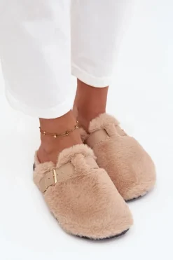 Futrzane Klapki Damskie Na Platformie Z Paskiem I Klamrą Beżowe Noraline