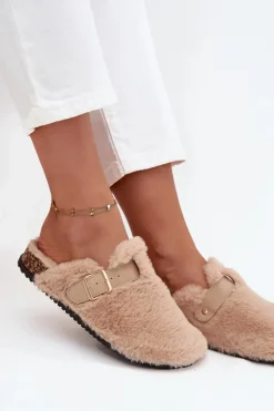 Futrzane Klapki Damskie Na Platformie Z Paskiem I Klamrą Beżowe Noraline