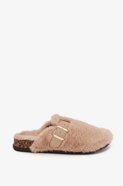 Futrzane Klapki Damskie Na Platformie Z Paskiem I Klamrą Beżowe Noraline