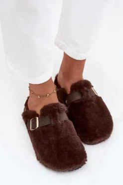Futrzane Klapki Damskie Na Platformie Z Paskiem I Klamrą Brązowe Noraline