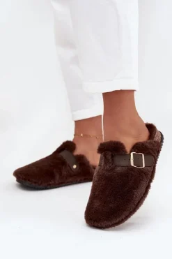 Futrzane Klapki Damskie Na Platformie Z Paskiem I Klamrą Brązowe Noraline
