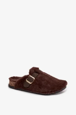 Futrzane Klapki Damskie Na Platformie Z Paskiem I Klamrą Brązowe Noraline