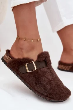 Futrzane Klapki Damskie Na Platformie Z Paskiem I Klamrą Brązowe Noraline