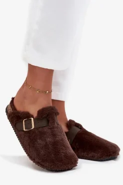 Futrzane Klapki Damskie Na Platformie Z Paskiem I Klamrą Brązowe Noraline