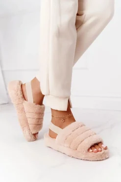 Futrzane Papcie Na Platformie Beżowe Snowflake