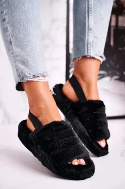 Futrzane Papcie Na Platformie Czarne Snowflake