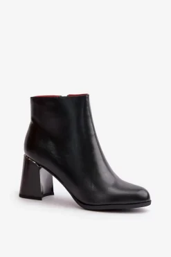 Gładkie Botki Damskie Na Słupku Z Eko Skóra Ocieplane Czarne Milisea