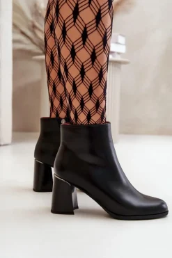 Gładkie Botki Damskie Na Słupku Z Eko Skóra Ocieplane Czarne Milisea