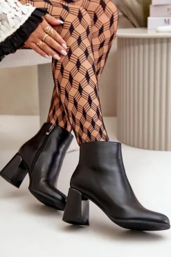 Gładkie Botki Damskie Na Słupku Z Eko Skóra Ocieplane Czarne Milisea
