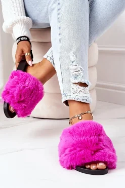 Gumowe Klapki Z Futerkiem Fuksja Soft