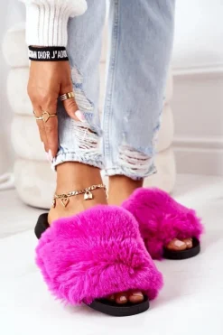 Gumowe Klapki Z Futerkiem Fuksja Soft