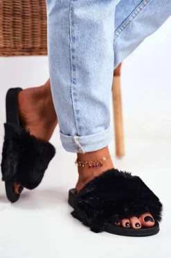 Gumowe Klapki Z Futerkiem Czarne Sensitive